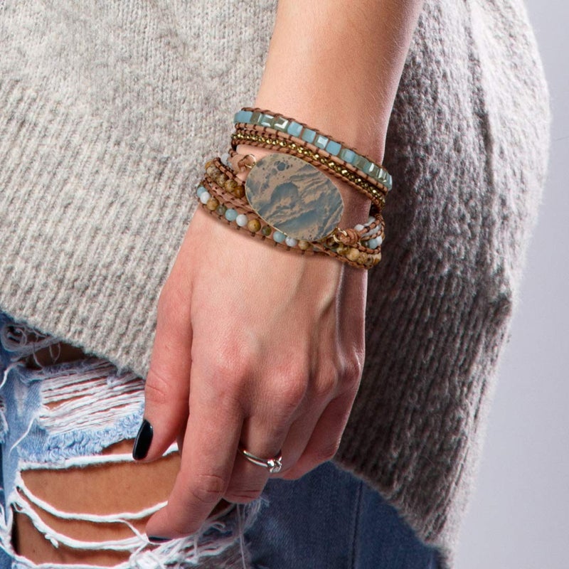 SPUNKYsoul 5 Wrap Bead Bracelet for Women with Agalmatolite, Jasper, Blue Agate, Labradorite and Hematite for Women - Image 2